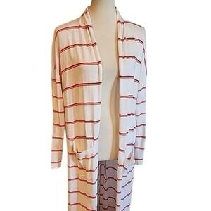 Cabi Stroll Cardigan 5826 Relaxed Duster Sweater White/Red Stripe Pockets Medium